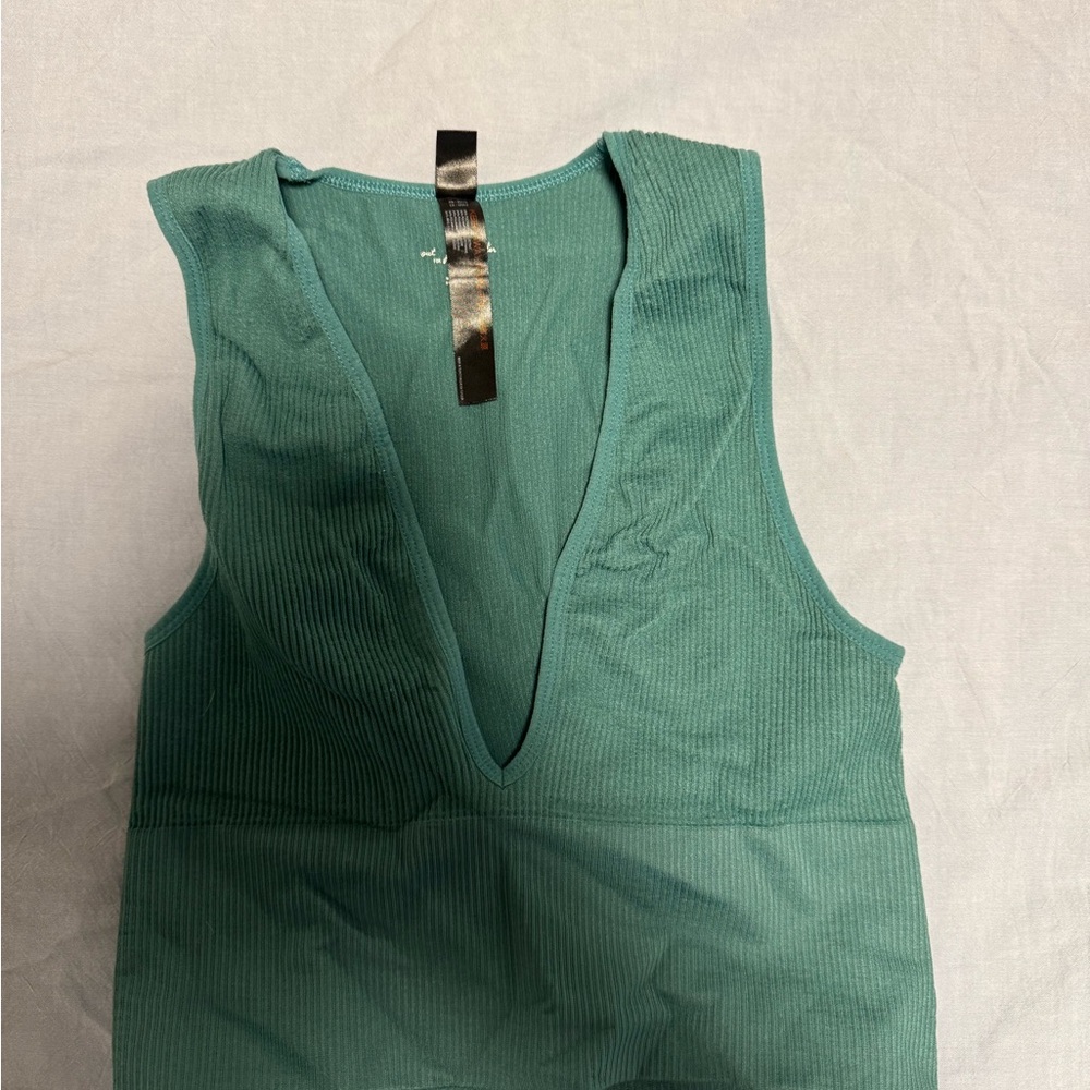 Urban Outfitters Ribbed Deep V Crop Tank - Teal Green